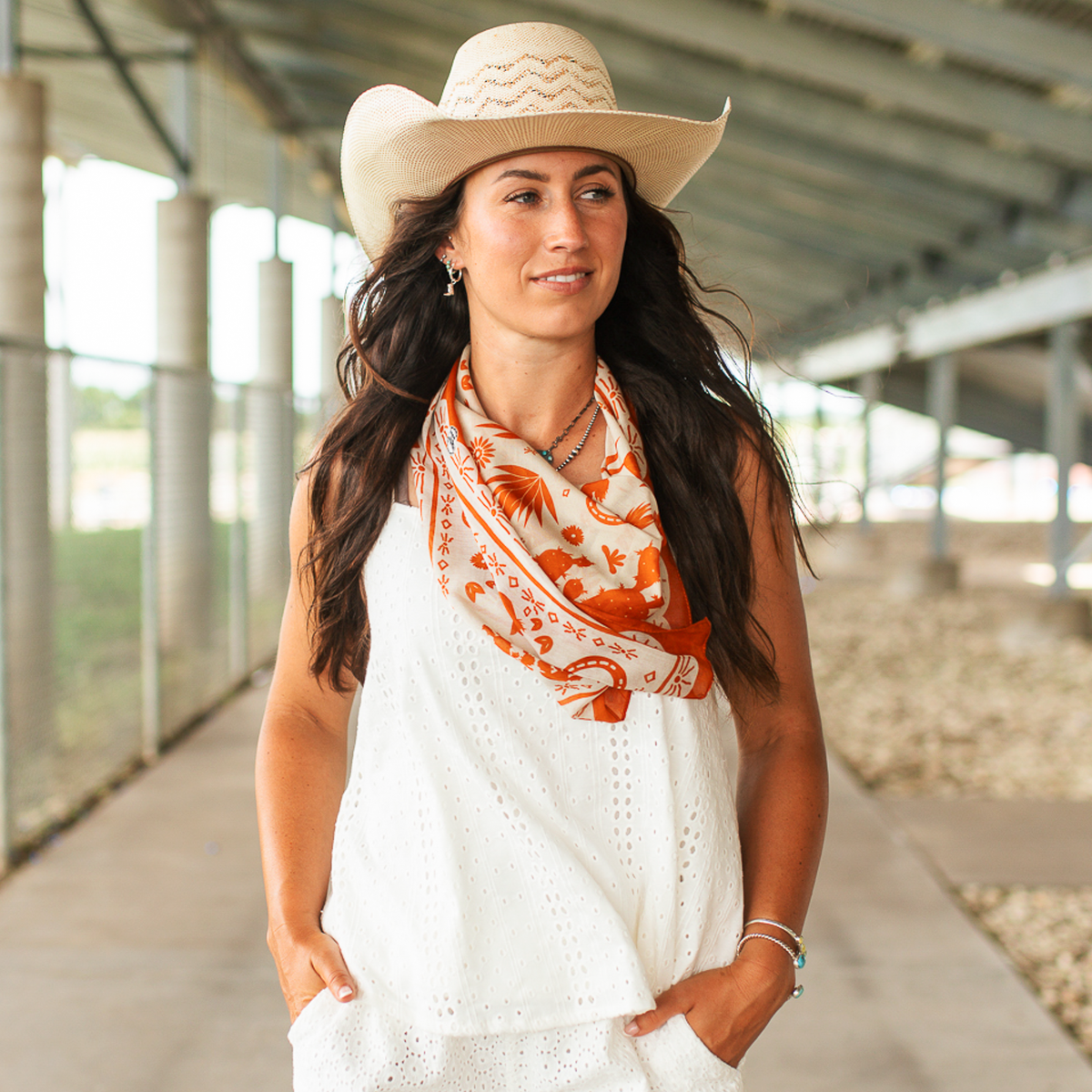 Fringe Scarves Game Day Down South Doily Bandana Orange Shorty 26 inch square bandana with extra room to tie or add a scarf slide western clothing