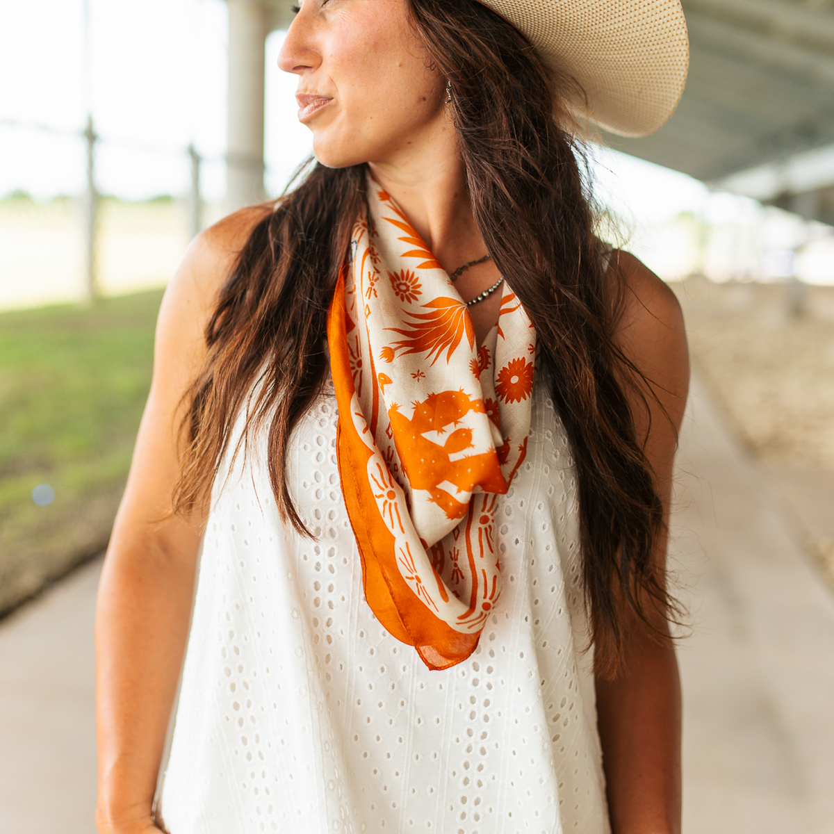 Fringe Scarves Game Day Down South Doily Bandana Orange soft cotton bandana with a splash of silk for a lightweight sheer feel rodeo