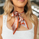 Fringe Scarves Game Day Twilly Down South Doily Orange tied in a bow at the neck for game day spirit western fashion