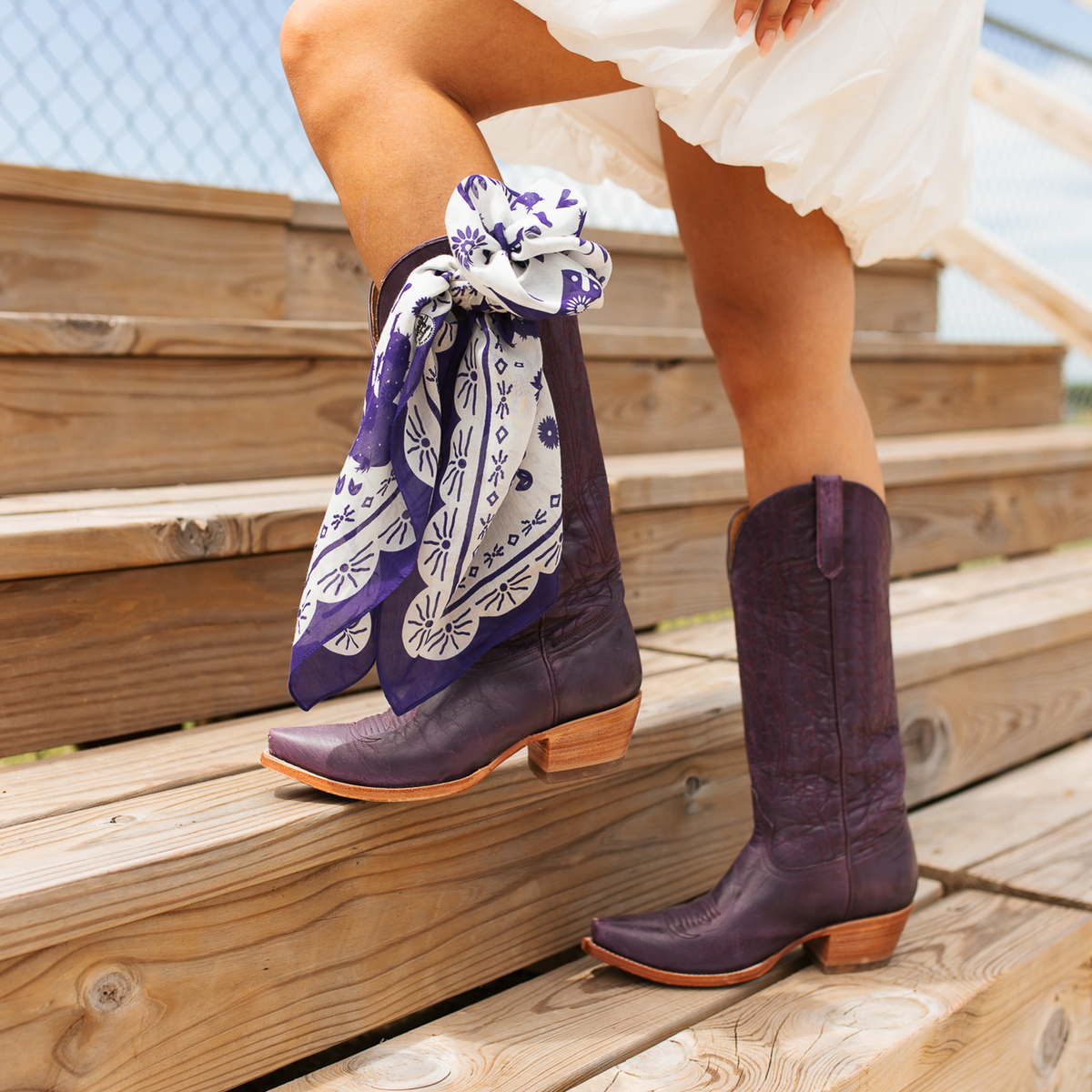 Fringe Scarves Game Day Down South Doily Bandana Purple worn with denim and boots for everyday western style ranch wear