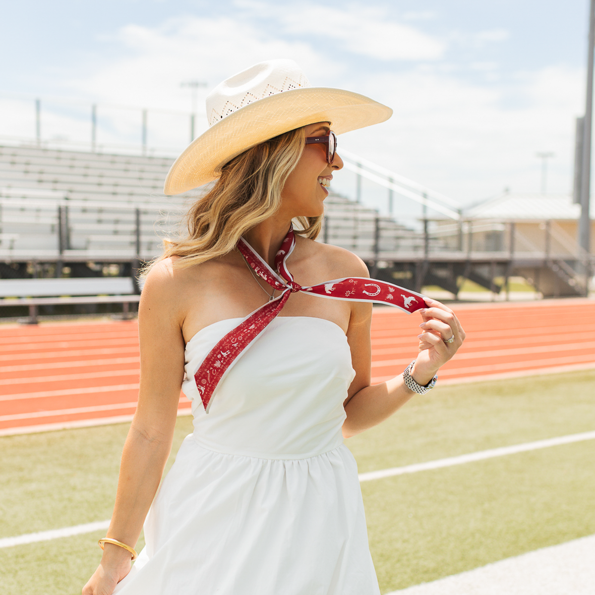 Fringe Scarves Game Day Twilly Down South Doily Red wrapped around a ponytail or braided into the hair cowgirl