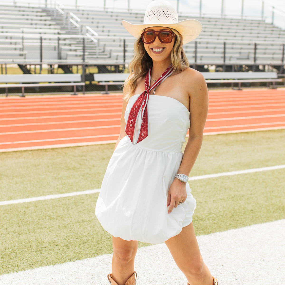 Fringe Scarves Game Day Twilly Down South Doily Red tied on purse handles for a pop of school color ranch wear
