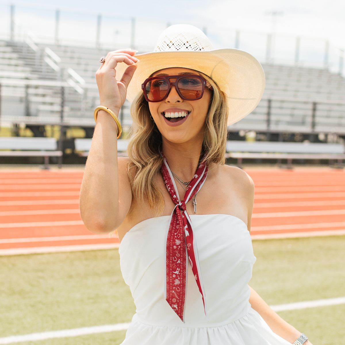 Fringe Scarves Game Day Twilly Down South Doily Red tied in a bow at the neck for game day spirit western fashion