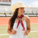 Fringe Scarves Game Day Down South Doily Bandana Red worn with denim and boots for everyday western style ranch wear