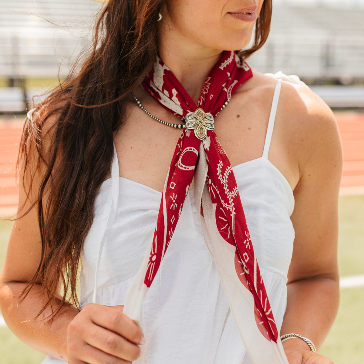 Fringe Scarves Game Day Down South Doily Bandana Red soft cotton bandana with a splash of silk for a lightweight sheer feel rodeo