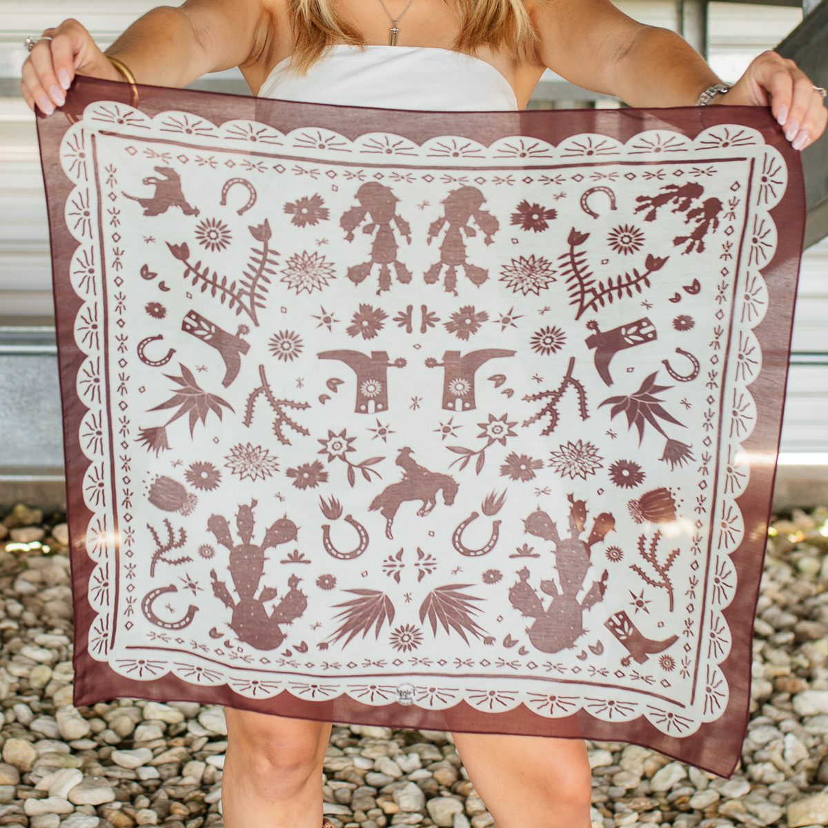 Fringe Scarves Game Day Down South Doily Bandana Maroon papel picado inspired print of boots blooms horseshoes and cactus womens western boutique Utah SKU BANDDSDMRN26024