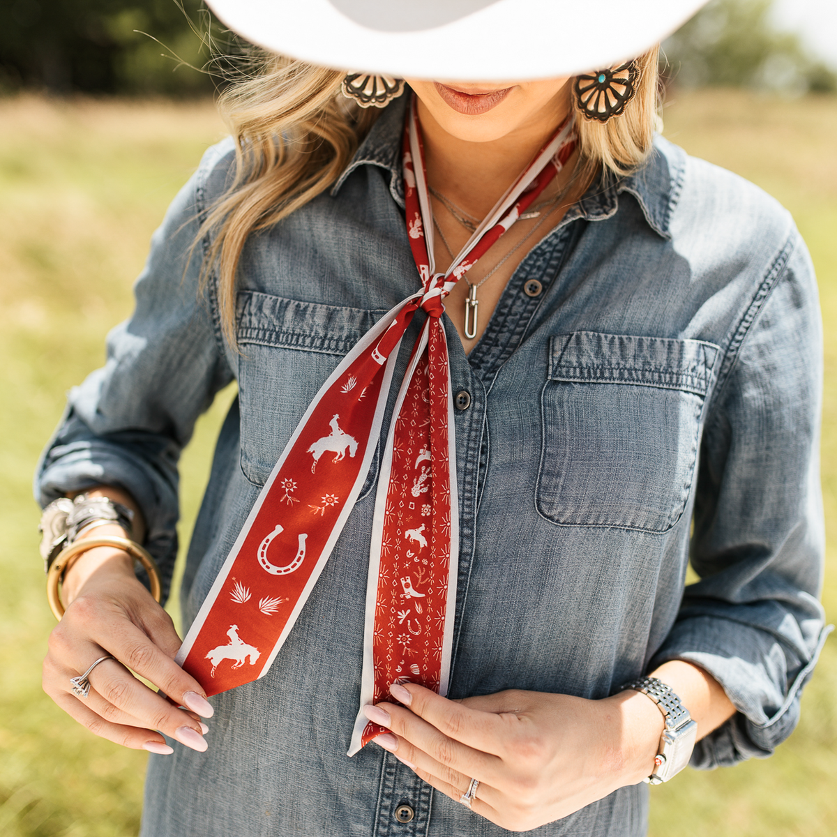 Fringe Scarves Game Day Twilly Down South Doily Red skinny scarf printed with boots blooms horseshoes and cactus womens western boutique Utah SKU TWILDSDRED26033