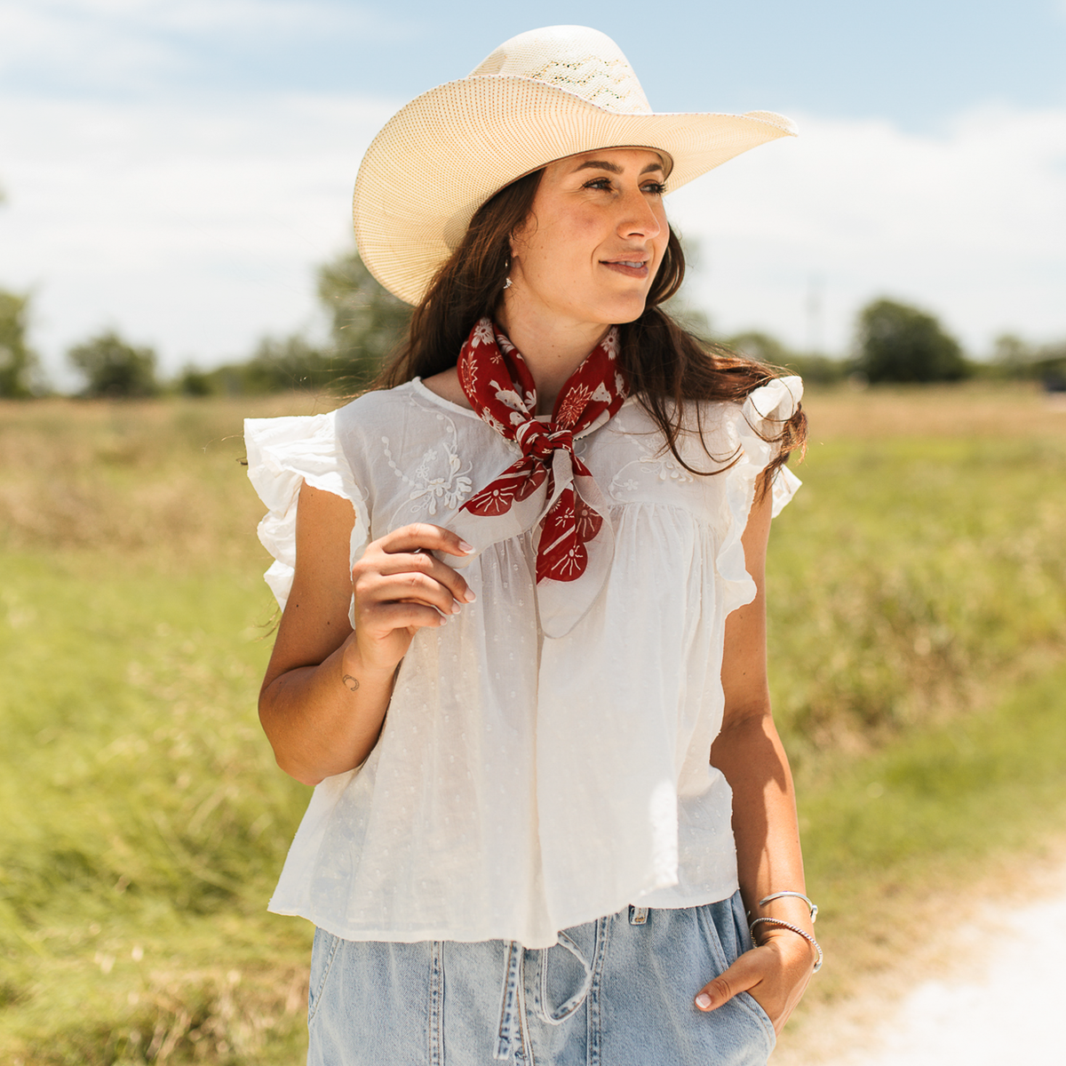 Fringe Scarves Game Day Down South Doily Bandana Red scalloped border framing the western print with Fringe logo on center edge western fashion