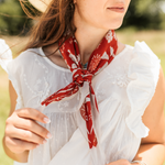 Fringe Scarves Game Day Down South Doily Bandana Red tied at the neck for game day tailgates and school spirit cowgirl