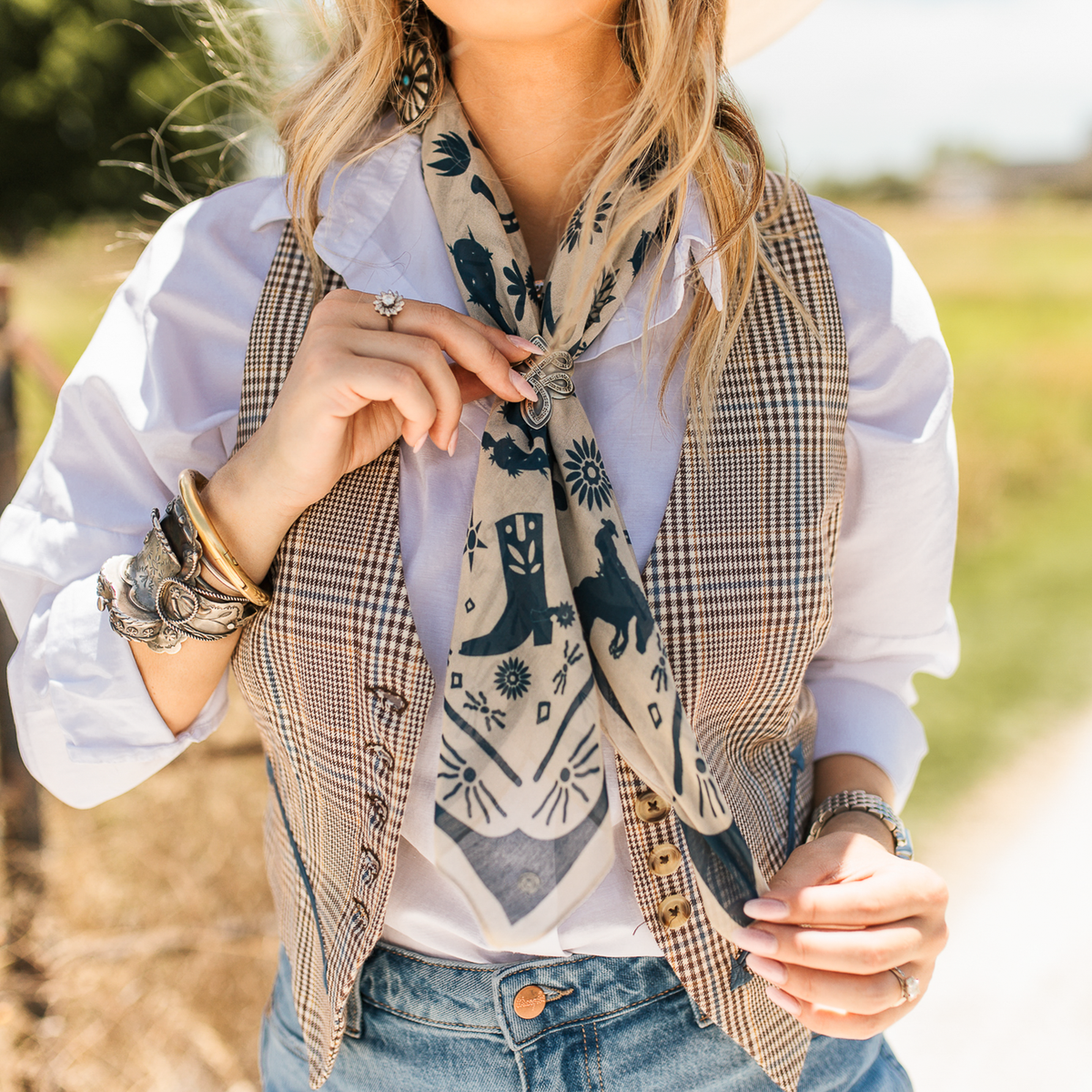 Fringe Scarves Game Day Down South Doily Bandana Navy soft cotton bandana with a splash of silk for a lightweight sheer feel rodeo