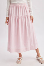 Georgia Gingham Tiered Skirt womens pink white maxi skirt casual summer western style country ballerina farm Prarie skirt at Boltranchstore.com