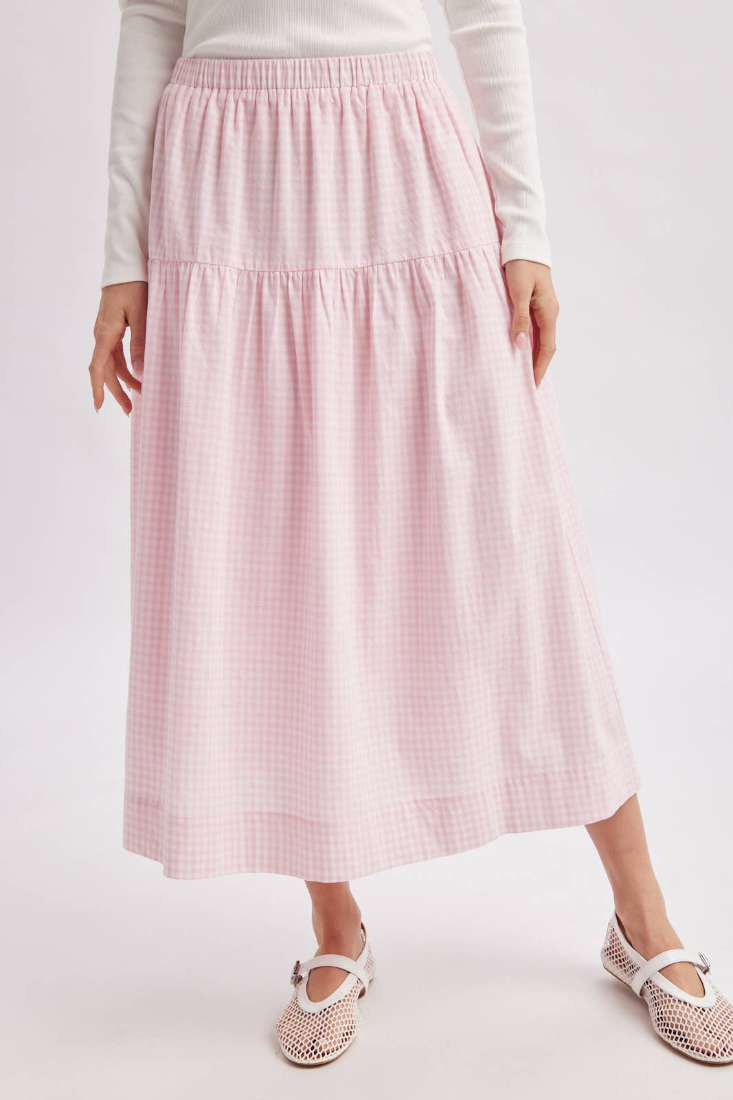 Georgia Gingham Tiered Skirt womens pink white maxi skirt casual summer western style country ballerina farm Prarie skirt at Boltranchstore.com