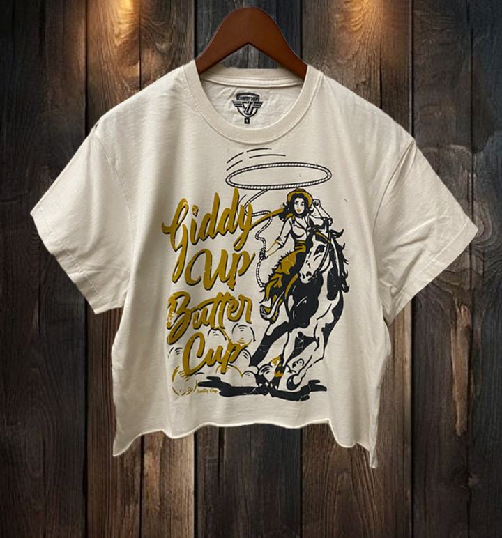 Giddy Up Butter Cup Crop Tee a crop tee featuring a staff favorite saying at boltranchstore.com