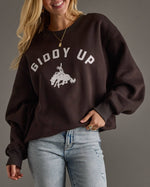 'Giddy Up' sweatshirt with a horse graphic in a long sleeve charcoal with a white print at boltranchstore.com