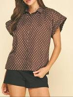 Gina Geometric Diamond Print Shirt in a full button up with ruffle sleeves at boltranchstore.com