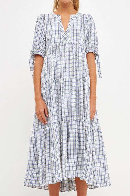 Gingham Tiered Dress with Bow-Tie Sleeves