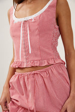 Gingham Lace Trim Top and Skirt Set Red plaid womens skirt and stop set summer casual vacation free shipping at Boltranchstore.com