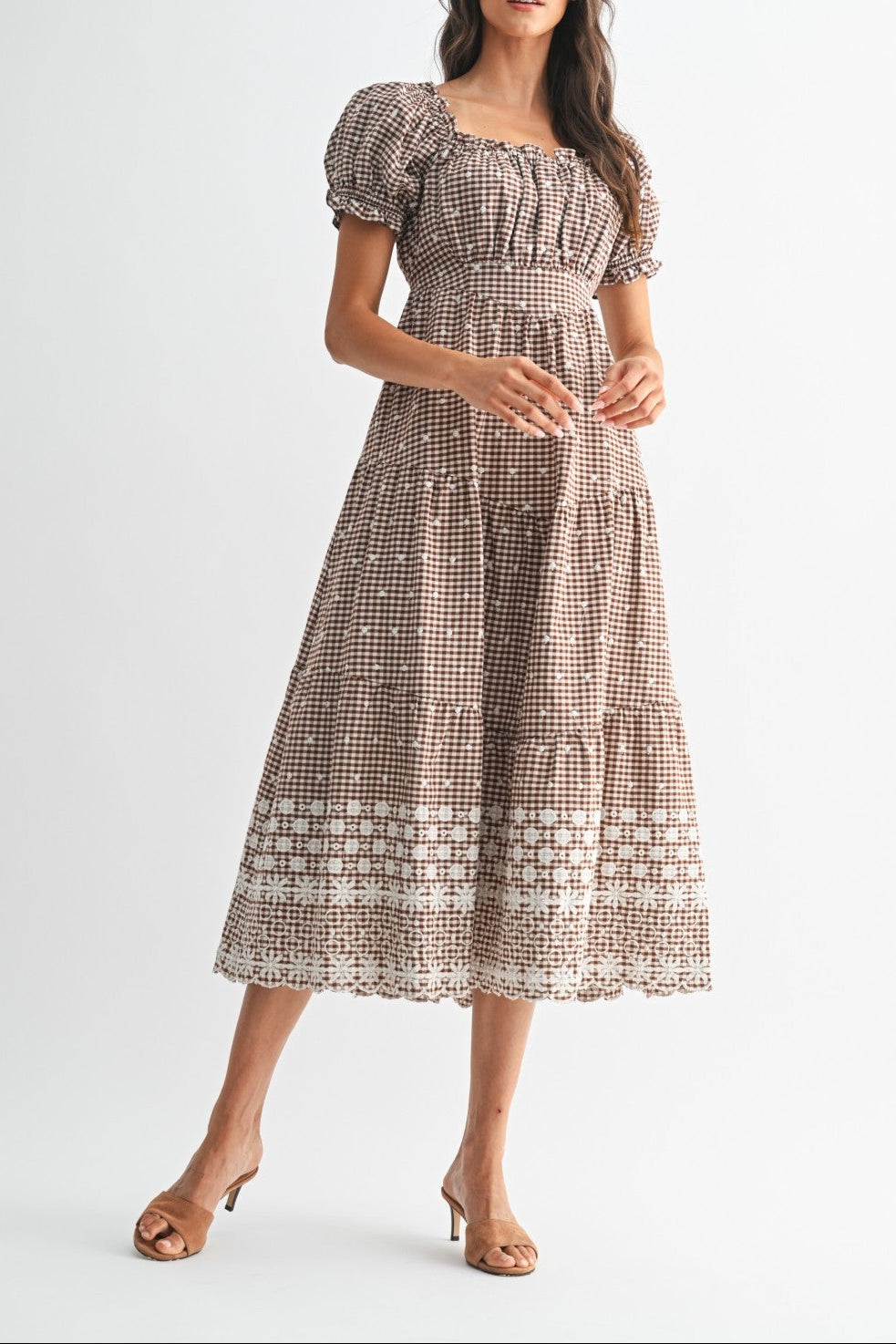 Gingham Midi Dress Brown Plaid Womens Teen dress brown fall cream plaid ballerina farm dress clothing free shipping popular Boltranchstore.com