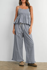 gingham pants with pockets drawstring and ruffle hem cropped pants navy ivory sonderhaus dupe cotton poly blend boltranchstore.com free shipping 