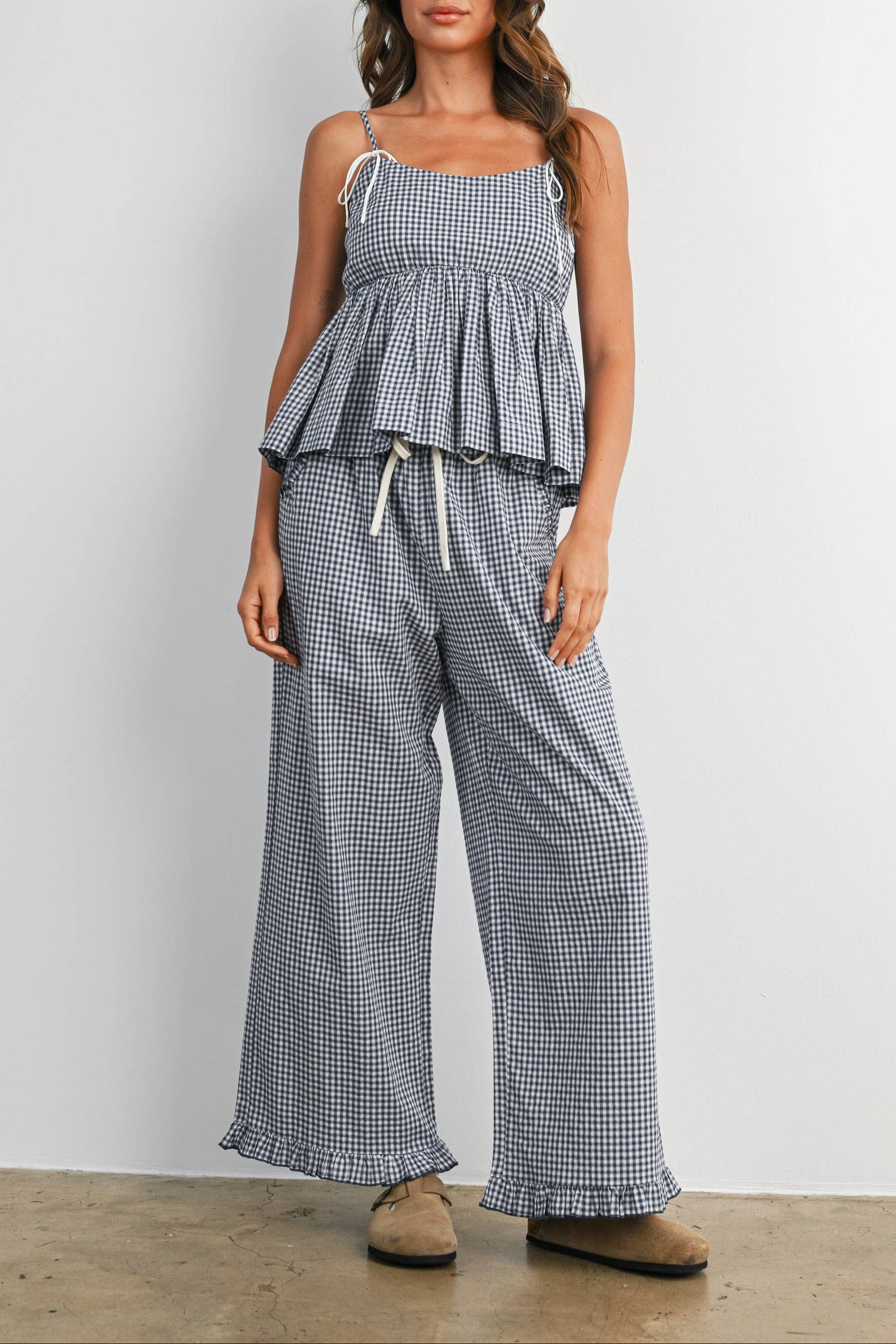 gingham pants with pockets drawstring and ruffle hem cropped pants navy ivory sonderhaus dupe cotton poly blend boltranchstore.com free shipping 