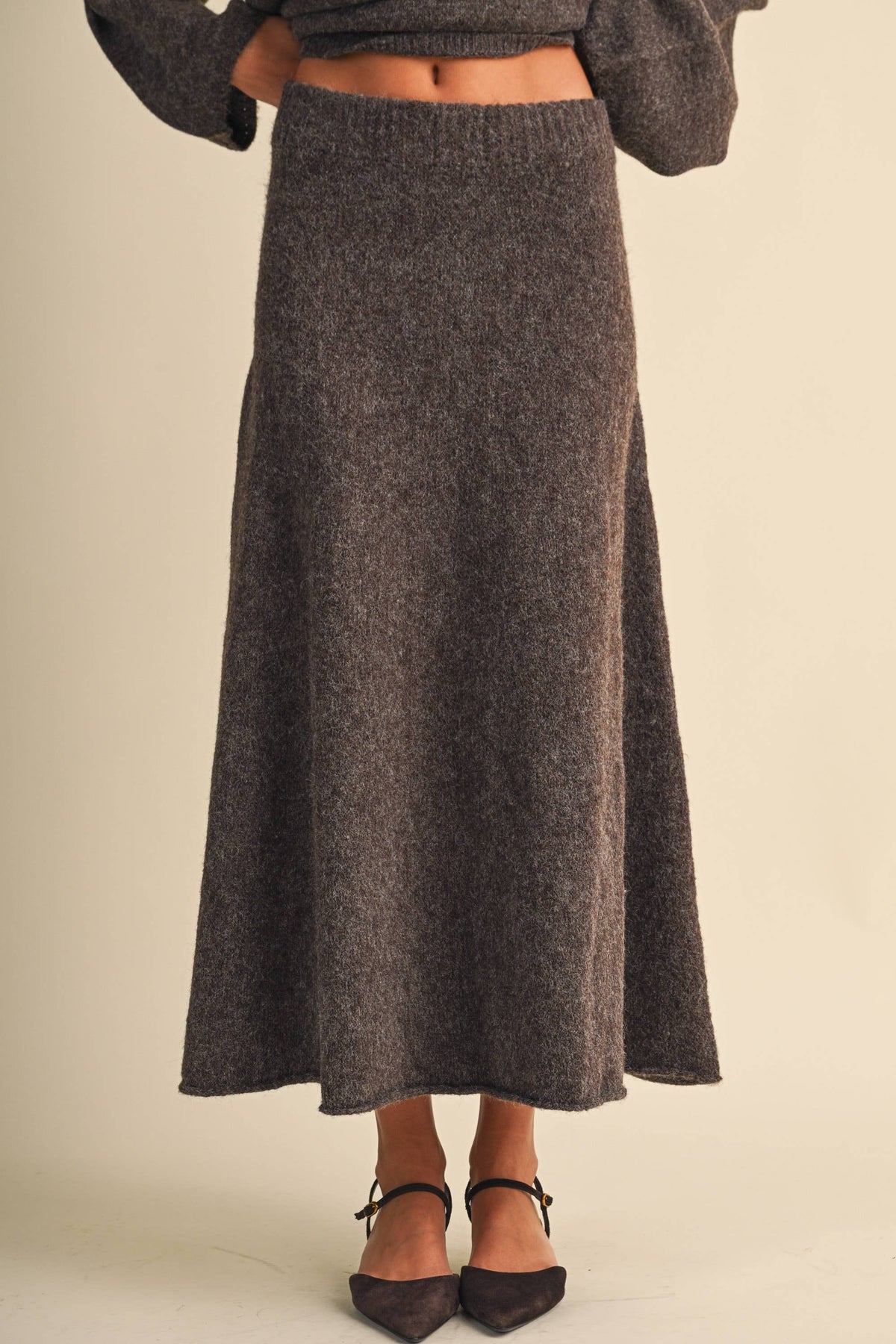 Gio Knit Maxi Skirt dark brown knit midi skirt Womens Skirt Fall skirt for Fall pictures at bolt ranch store in kamas utah 