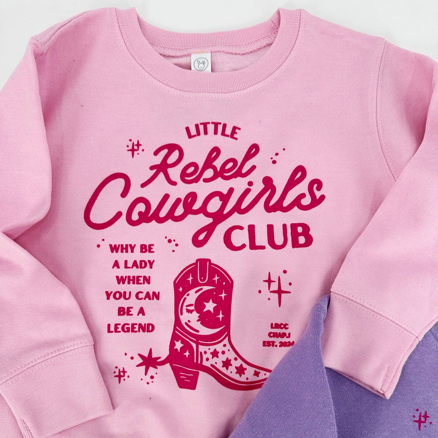 Girls Rebel Cowgirls Club Sweatshirt buy at boltranchstore.com pink little girl toddler crewneck pink cowboy boot popular
