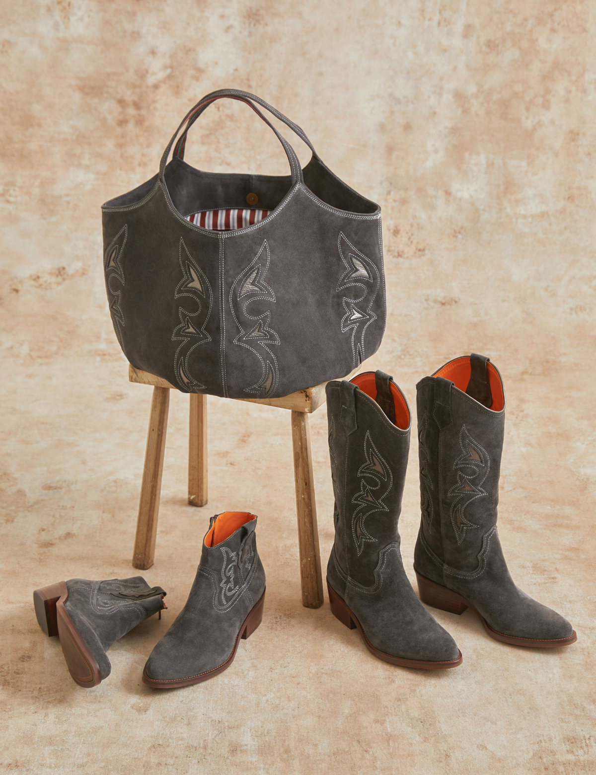 Penelope Chilvers Goldie Paloma Suede Boot classic cowboy toe line and artisanal finish