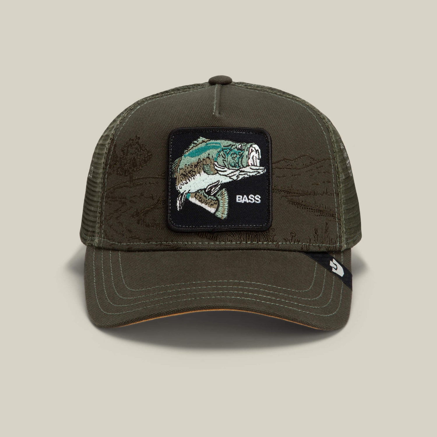 Goorin Bros Badlands Bass deep olive trucker cap with a leaping bass patch reading BASS western clothing Utah SKU 1013123PAL01OS