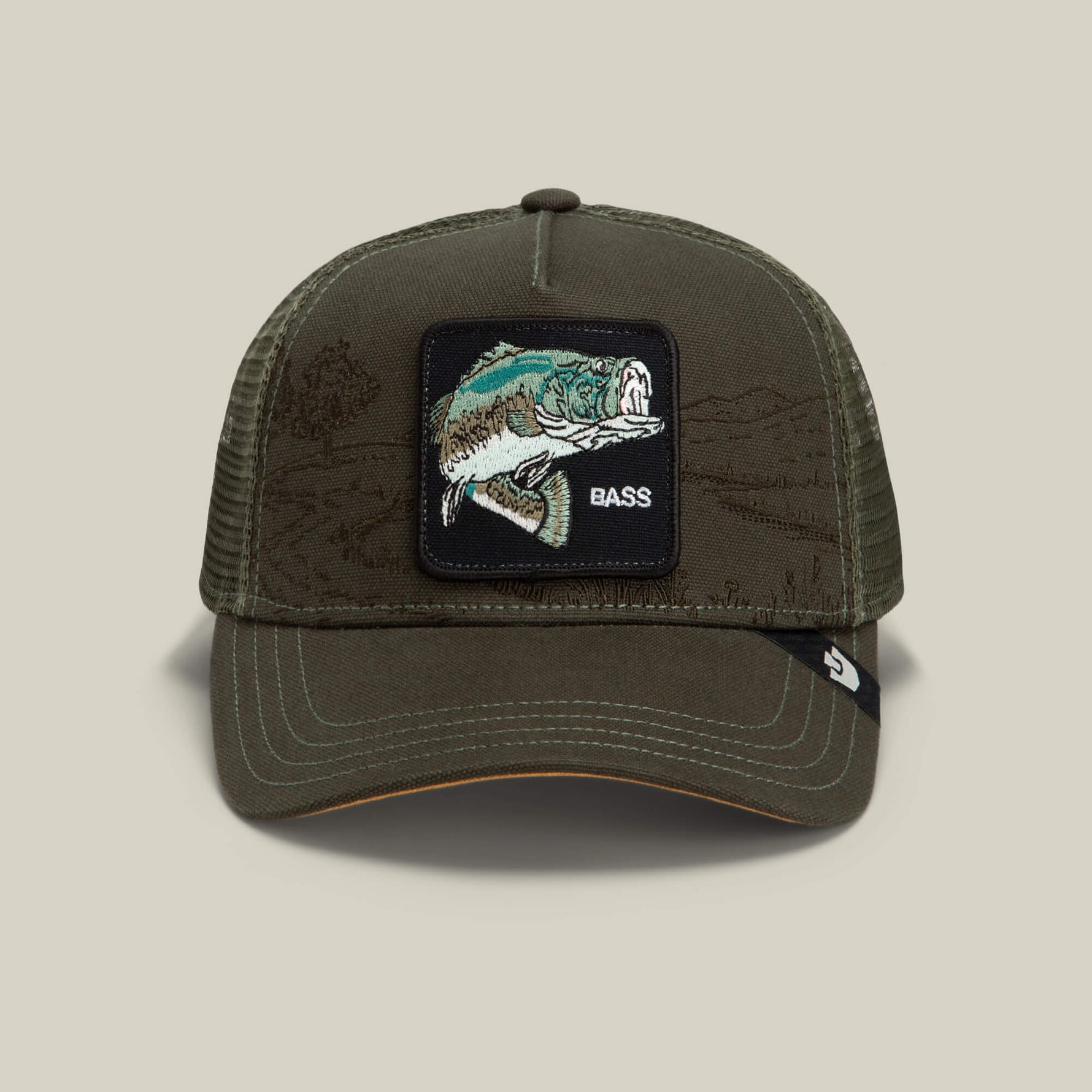 Goorin Bros Badlands Bass deep olive trucker cap with a leaping bass patch reading BASS western clothing Utah SKU 1013123PAL01OS