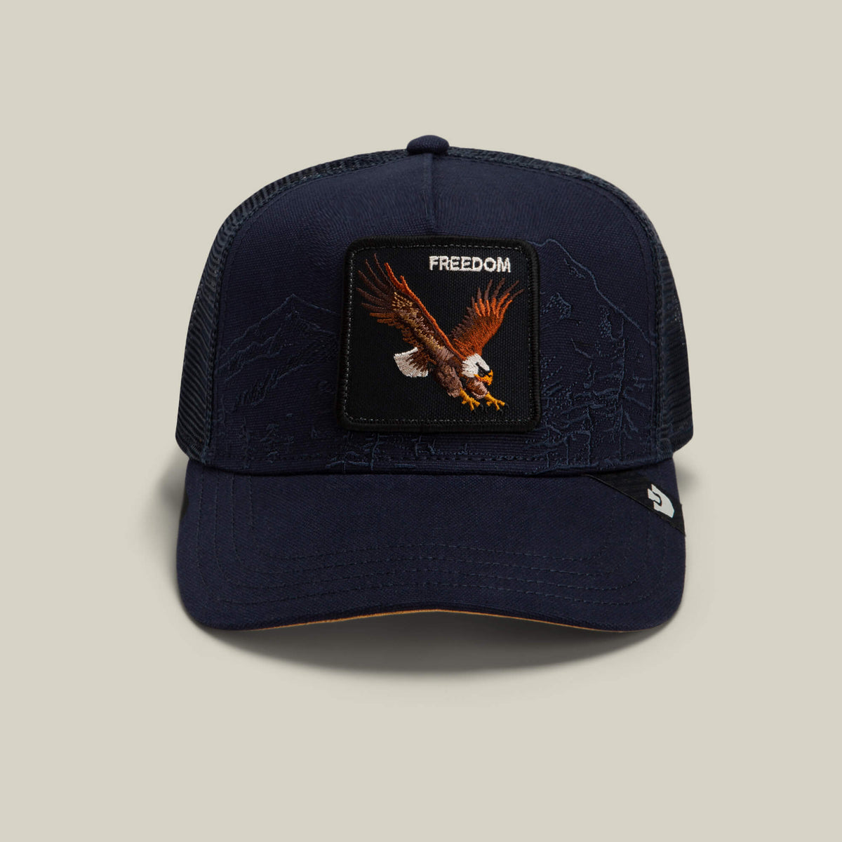 Goorin Bros Badlands Eagle navy trucker cap with an eagle patch reading FREEDOM western clothing Utah SKU 1013126EDG01OS