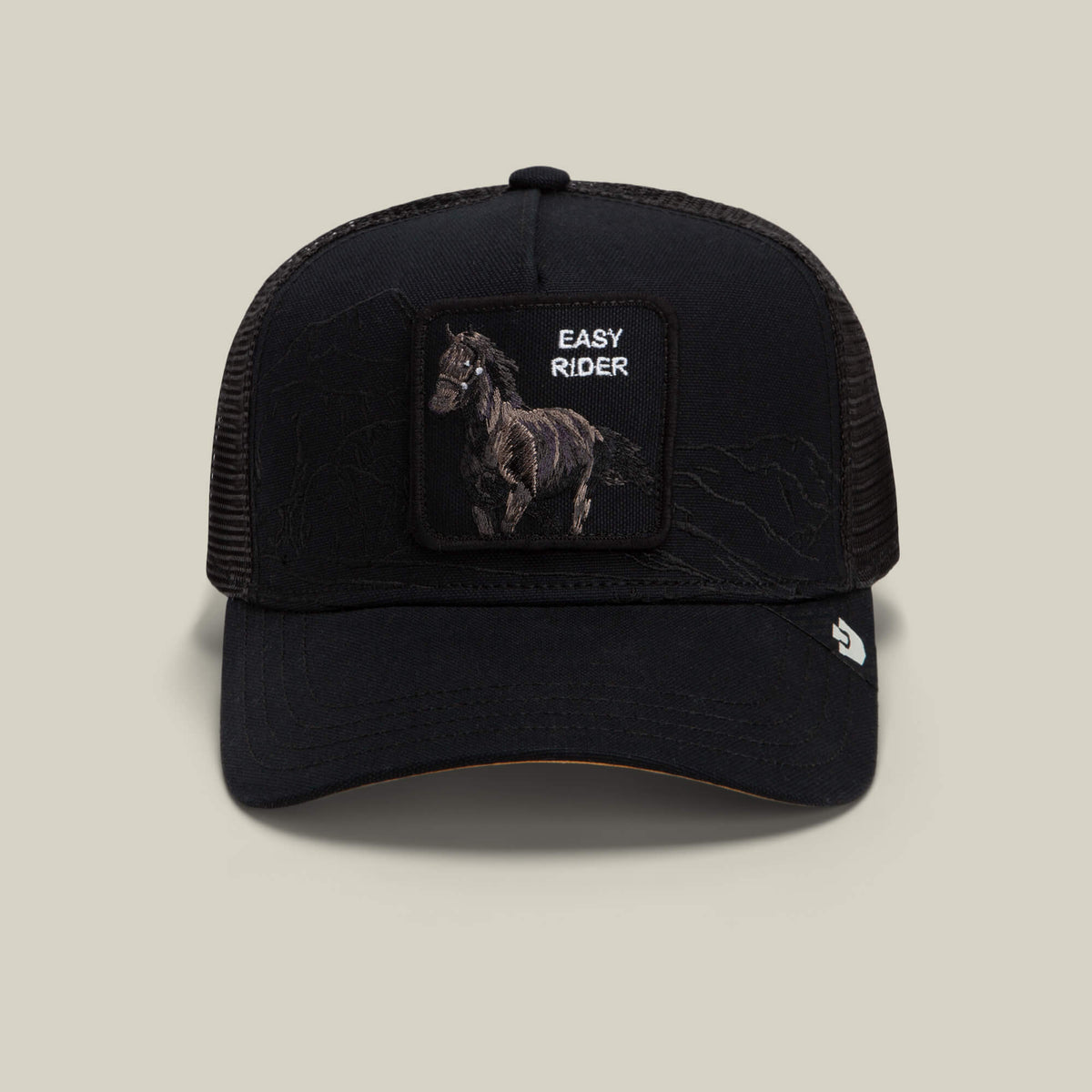 Goorin Bros Badlands Stallion black trucker cap with a stallion patch reading EASY RIDER western clothing Utah SKU 1013121VOI01OS