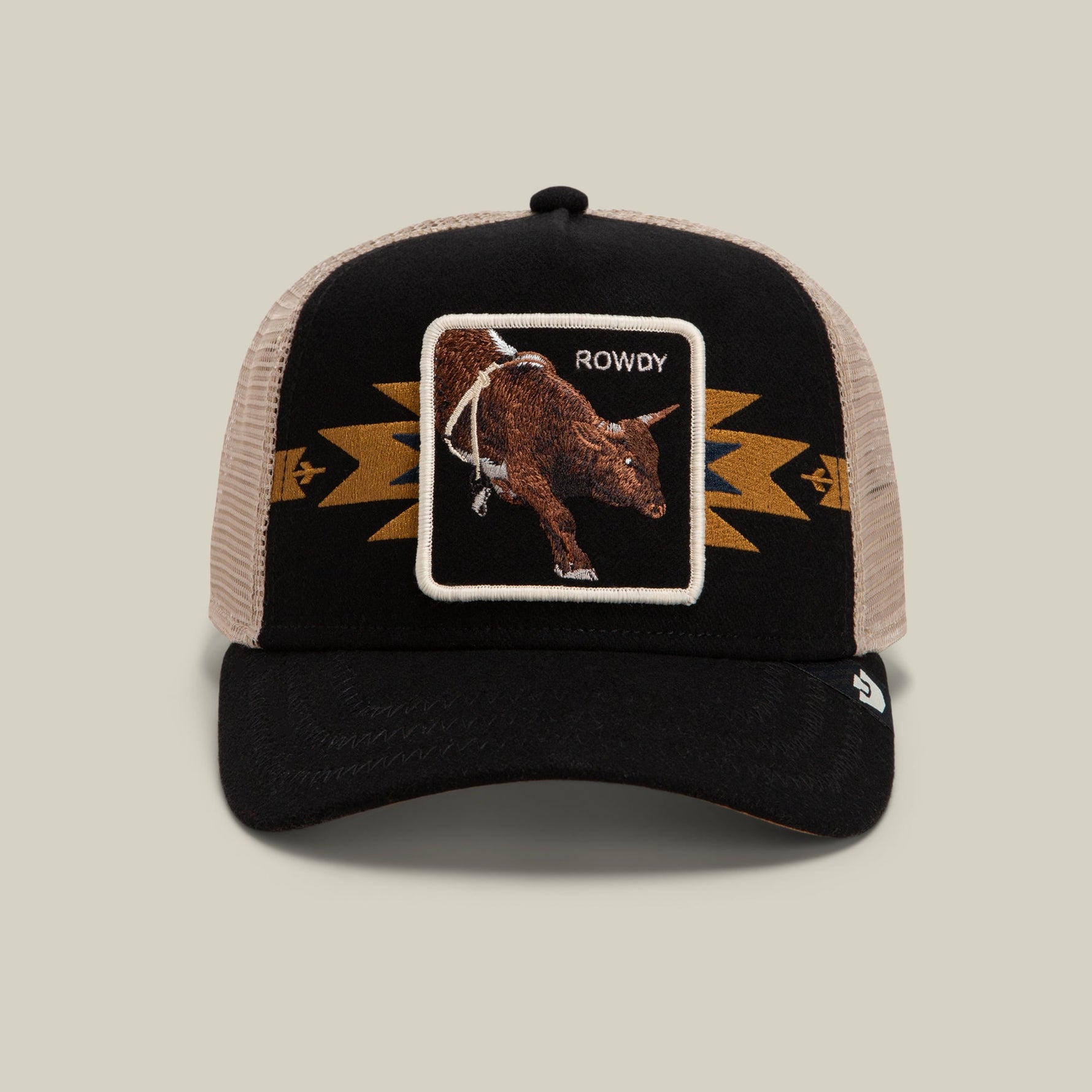 Goorin Bros Canyon Rowdy black trucker cap with a bull patch reading ROWDY western clothing Utah SKU 1013131VOI01OS Mens or Womens Ball cap