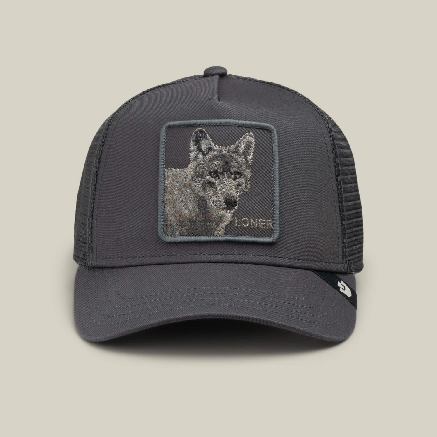 Goorin Bros Circle of Life Loner charcoal gray trucker cap with a wolf patch reading LONER western clothing Utah SKU 1013214OIL01OS