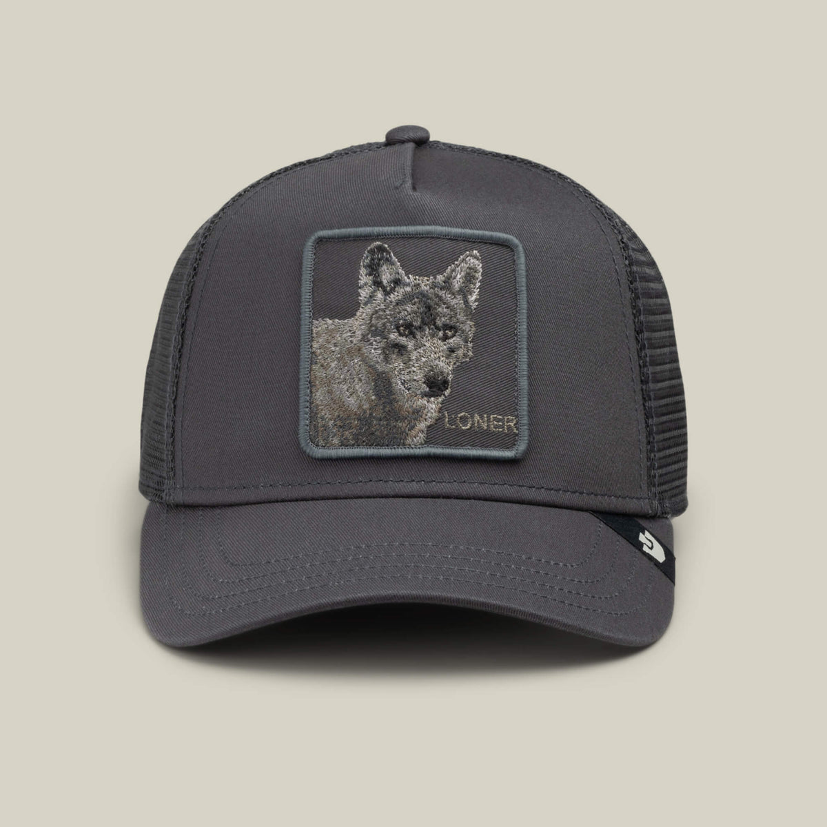 Goorin Bros Circle of Life Loner charcoal gray trucker cap with a wolf patch reading LONER western clothing Utah SKU 1013214OIL01OS