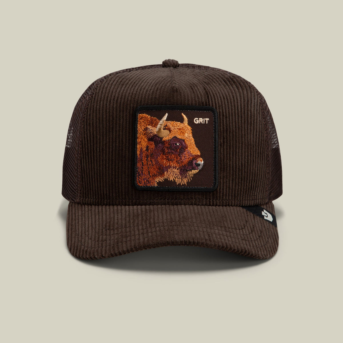 Goorin Bros Corduroy Grit dark brown corduroy trucker cap with a buffalo patch reading GRIT western clothing Utah SKU 1013185GRO01OS