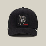 Goorin Bros Denim Raging black denim look trucker cap with a horned bull patch stitched RAGING in red western clothing Utah SKU 1013158DEN05OS