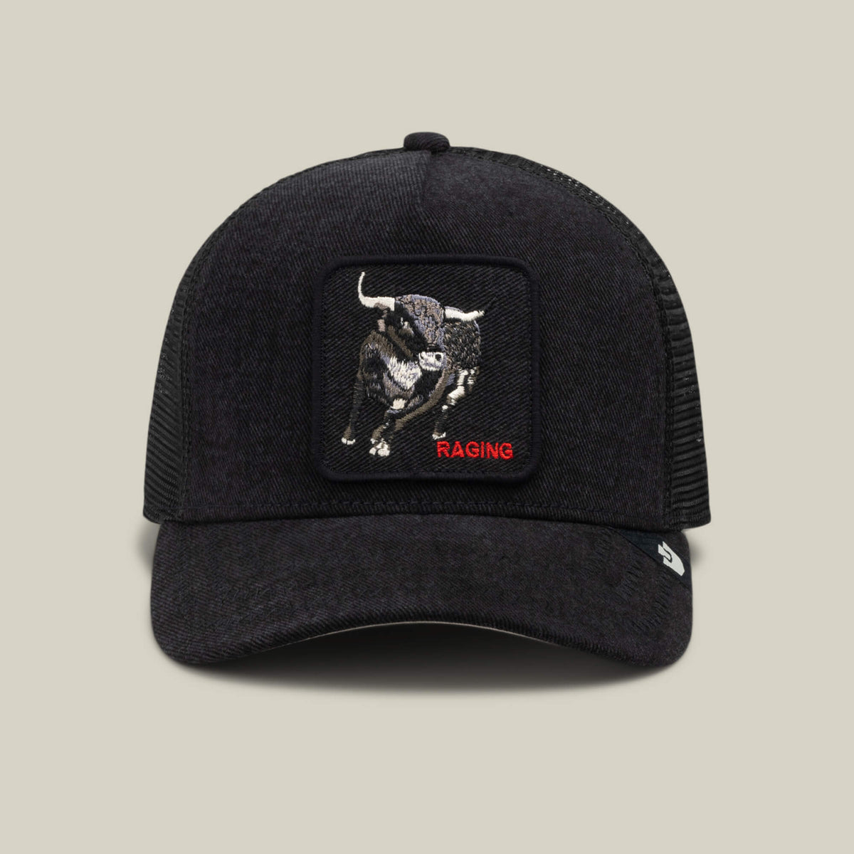 Goorin Bros Denim Raging black denim look trucker cap with a horned bull patch stitched RAGING in red western clothing Utah SKU 1013158DEN05OS