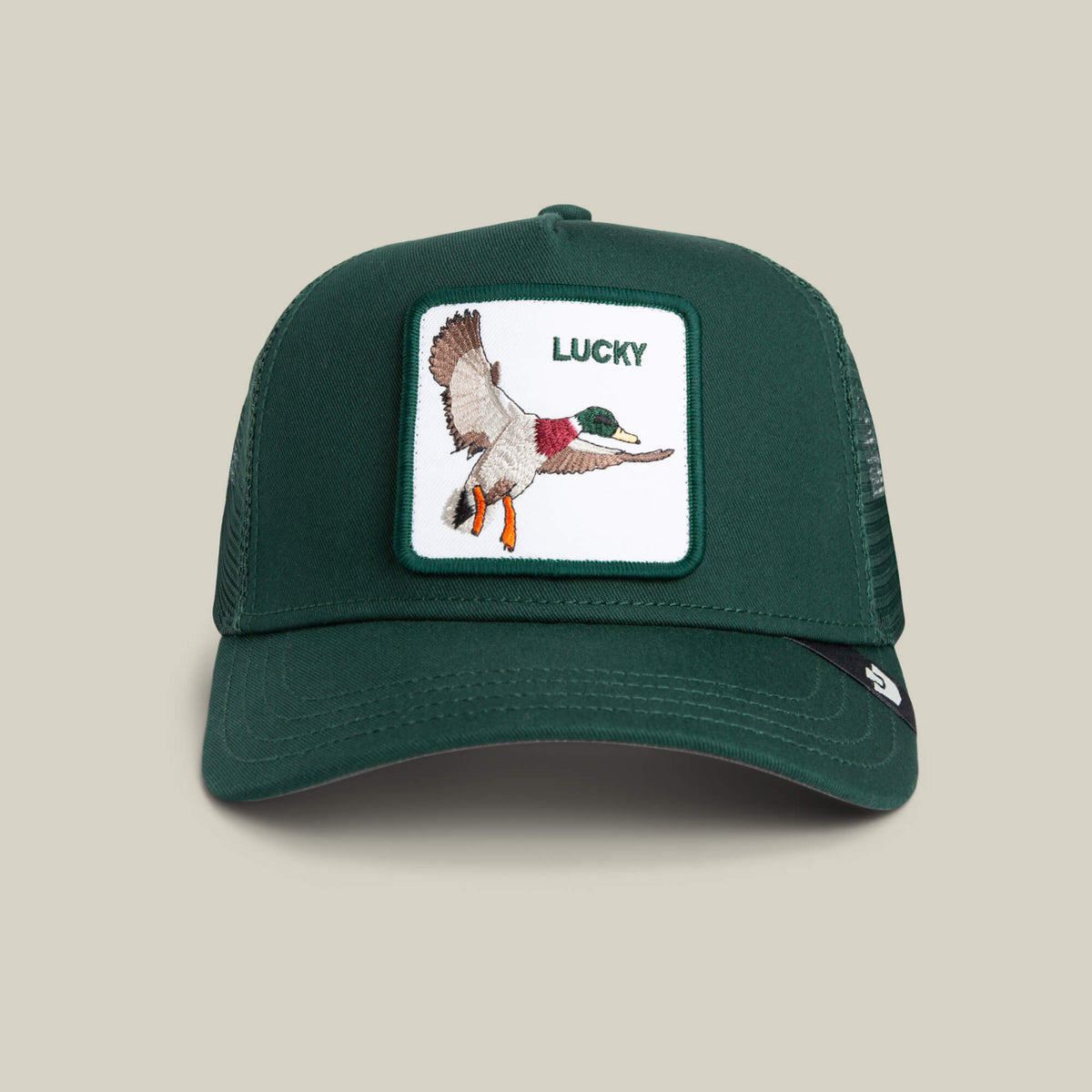 Goorin Bros The Lucky Duck dark green trucker cap with a duck patch reading LUCKY western clothing Utah SKU 1012362GUA01OS
