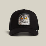 Goorin Bros Wise Ass Trucker black trucker cap with an owl patch reading WISE ASS western clothing Utah SKU 1012540VOI01OS