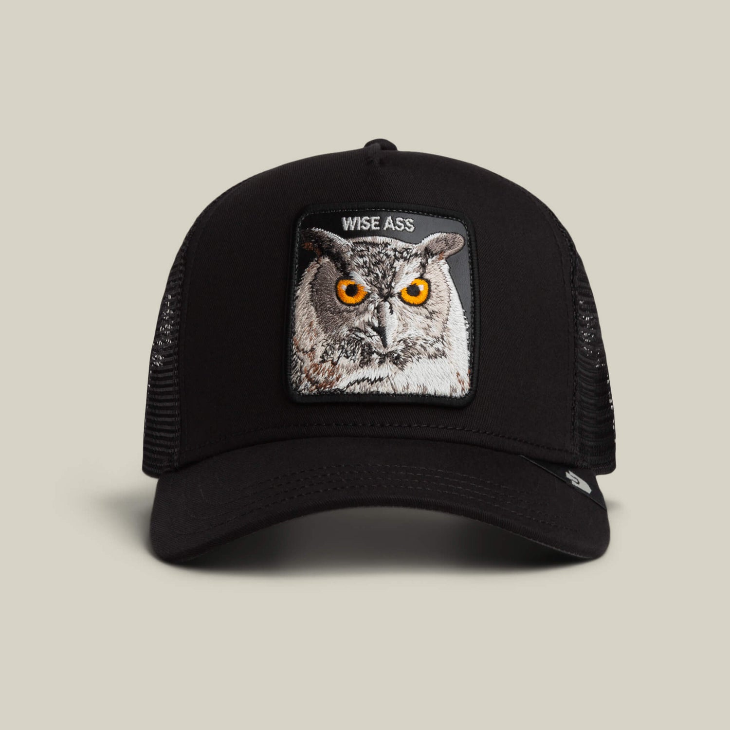 Goorin Bros Wise Ass Trucker black trucker cap with an owl patch reading WISE ASS western clothing Utah SKU 1012540VOI01OS