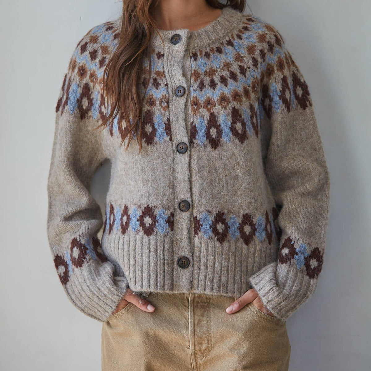 Grace Fair Isle Long Sleeve Cardigan in a gray brown and blue button down cardigan sweater fall sweaters bolt ranch store  