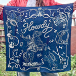 Fringe Hi Yo Silver Silk Scarf Navy navy ground with boots brands and a bucking horse womens western boutique Utah SKU SCRFHYSLNVYSH26066