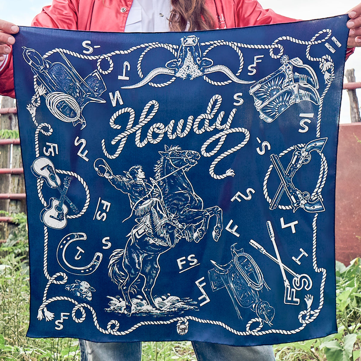 Fringe Hi Yo Silver Silk Scarf Navy navy ground with boots brands and a bucking horse womens western boutique Utah SKU SCRFHYSLNVYSH26066