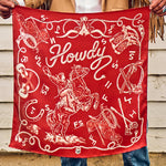 Fringe Hi Yo Silver Silk Scarf Red red ground with boots brands and a bucking horse womens western boutique Utah SKU SCRFHYSLREDSH26064