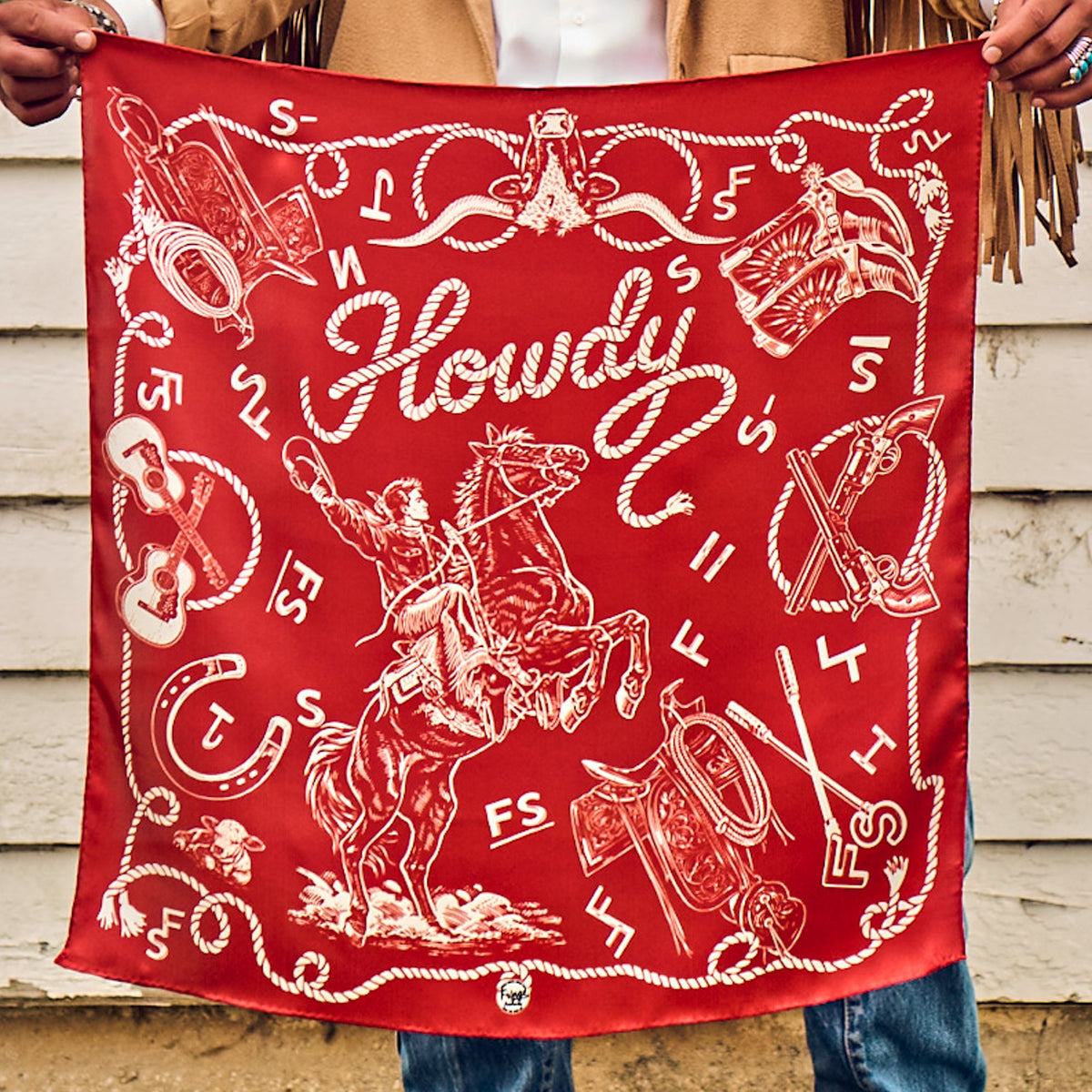 Fringe Hi Yo Silver Silk Scarf Red red ground with boots brands and a bucking horse womens western boutique Utah SKU SCRFHYSLREDSH26064