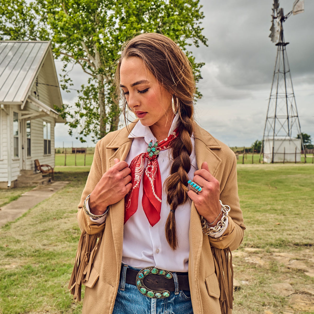 Fringe Hi Yo Silver Silk Scarf Red pairs with a denim jacket knotted loose Park City
