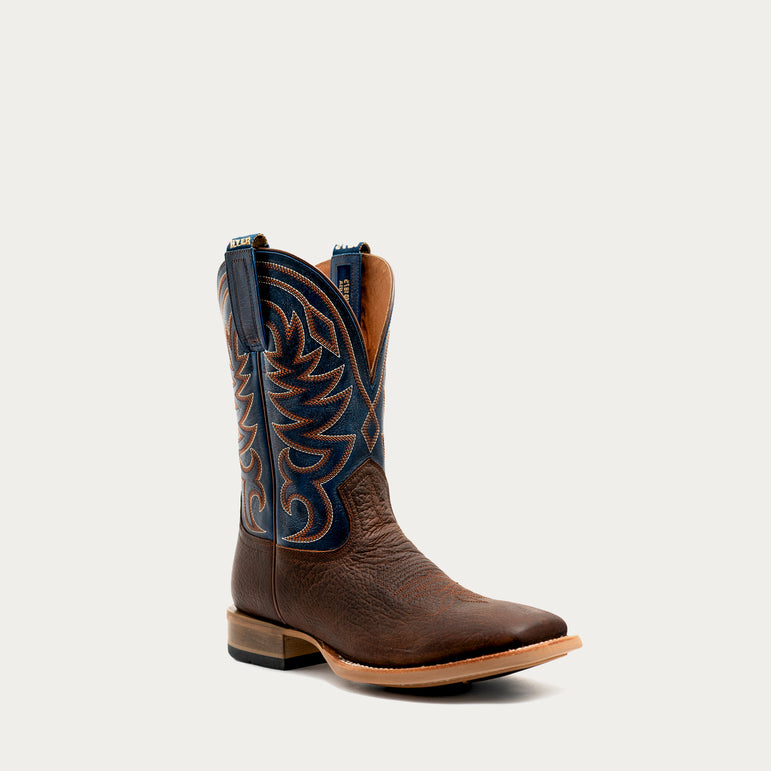 Hyer Mens Clyde Boot a brown leather boot and a blue embroidered 11 in shaft