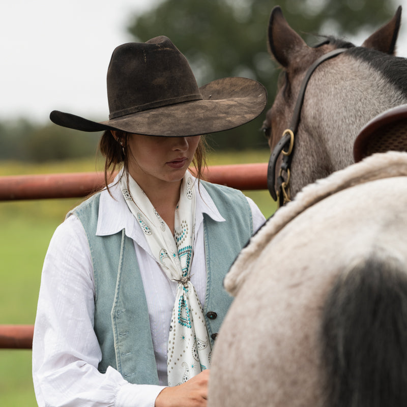 Fringe Pretty Paisley Silk Scarf White made to tie as a classic wild rag at the neck western fashion