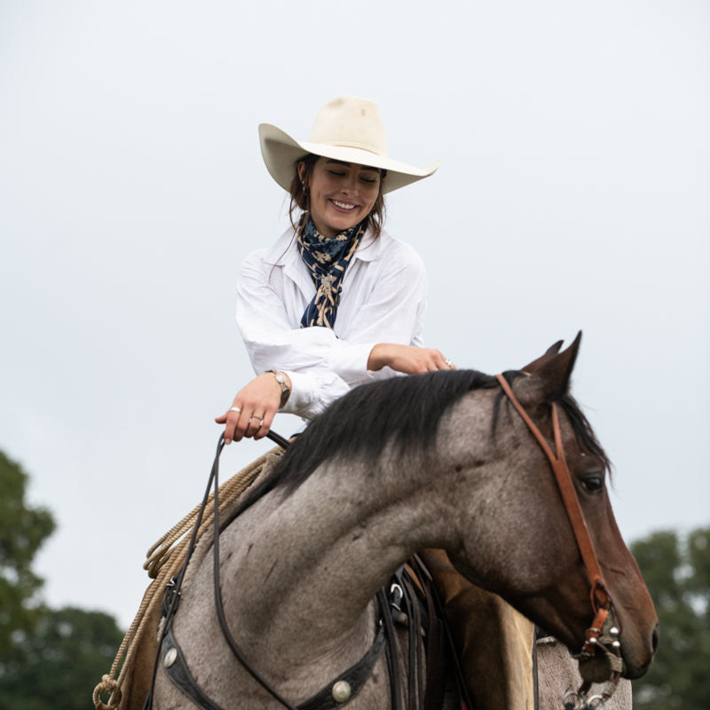 Fringe Willow Navy Silk Scarf goes with a felt or straw cowboy hat cowboy