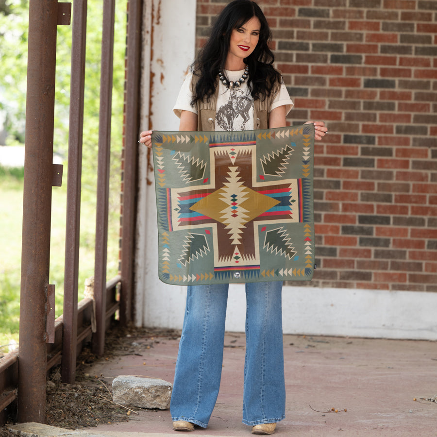 Fringe Cross Me Bandana Sage soft lightweight bandana with a sheer hand cowgirl
